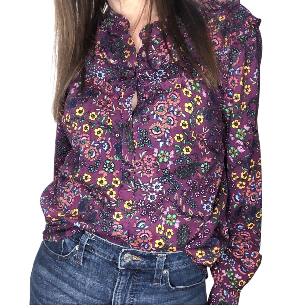 Talbots Sz L Colorful Feminine Blouse Top Button Down Floral Ruffled Office L/S